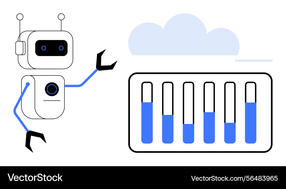 Robot presenting data metrics alongside cloud Vector Image