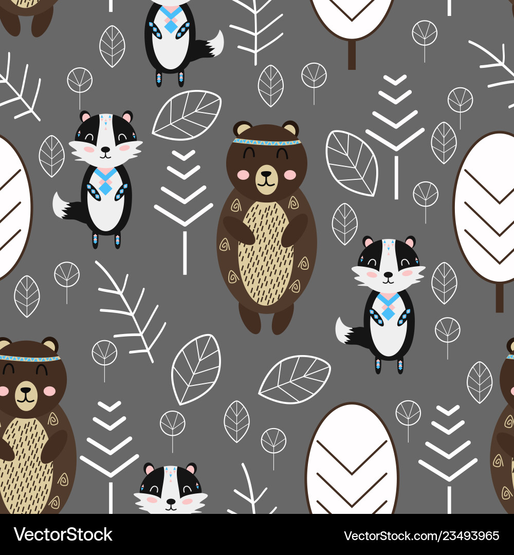 Seamless pattern with bear and badger in forest sc Seamless pattern with bear and badger in forest sc vector image