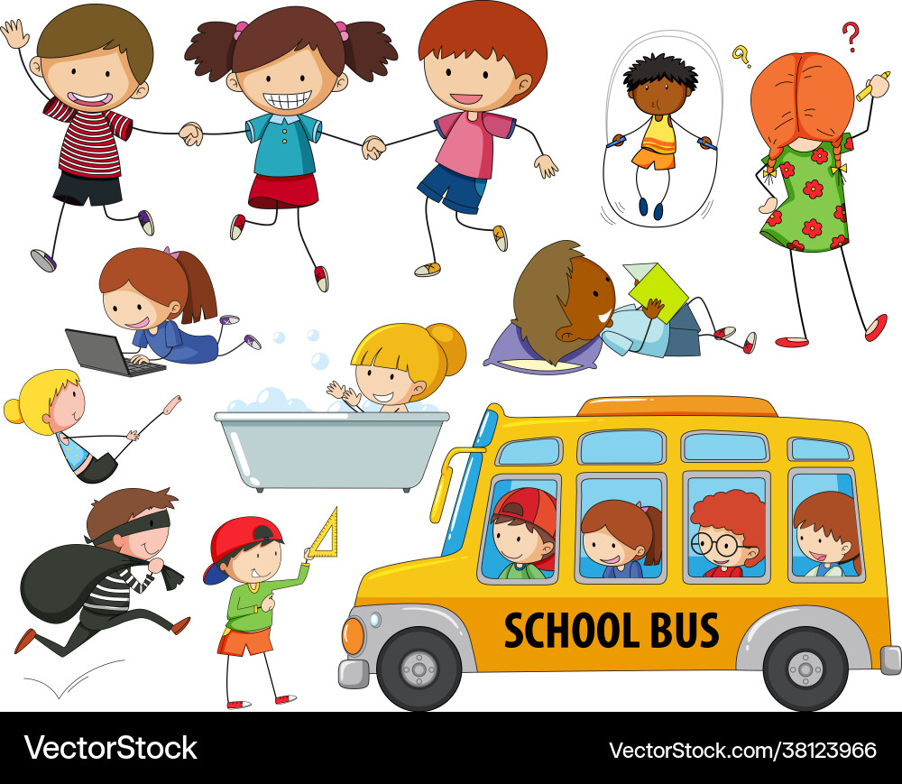 Set different doodle kids cartoon character vector image