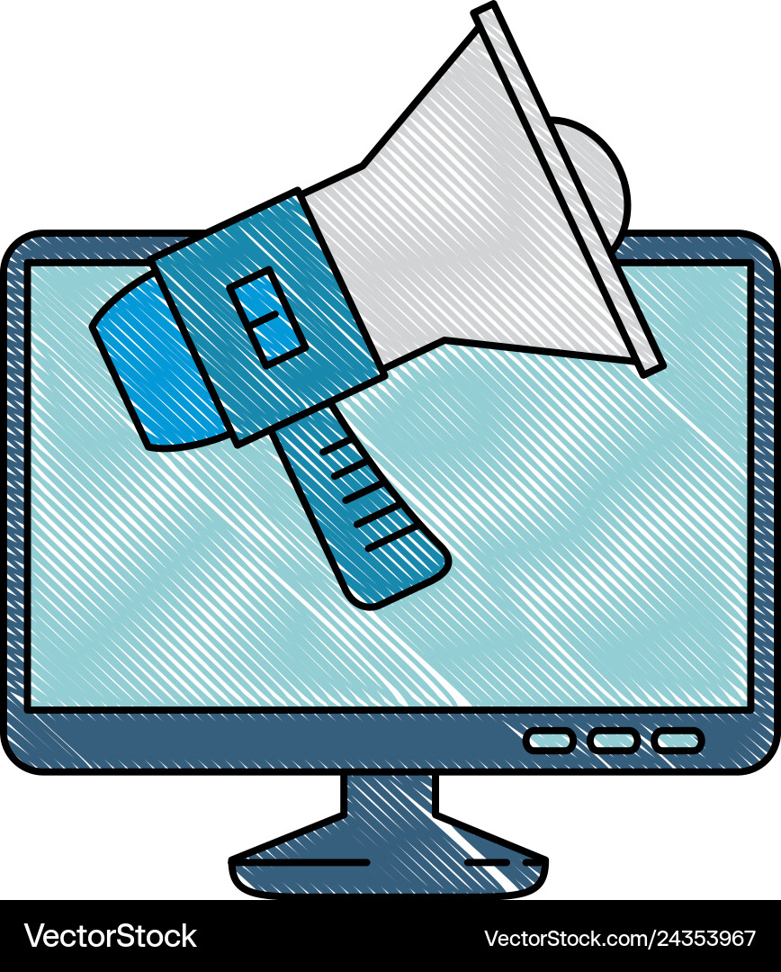 Computer display with megaphone sound Computer display with megaphone sound vector image