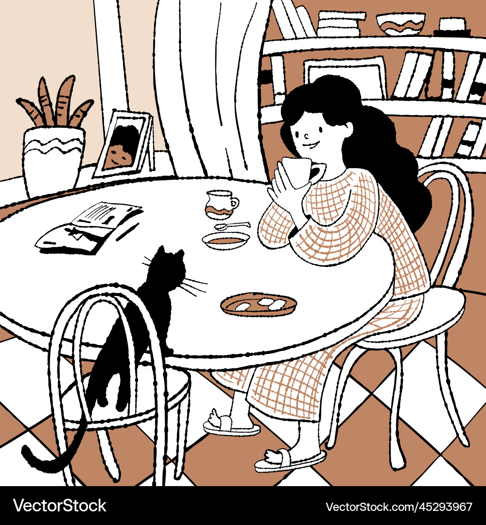 Eine Frau mit Katze im Morgenzimmer Eine Frau mit Katze im Morgenzimmer Vektorbild