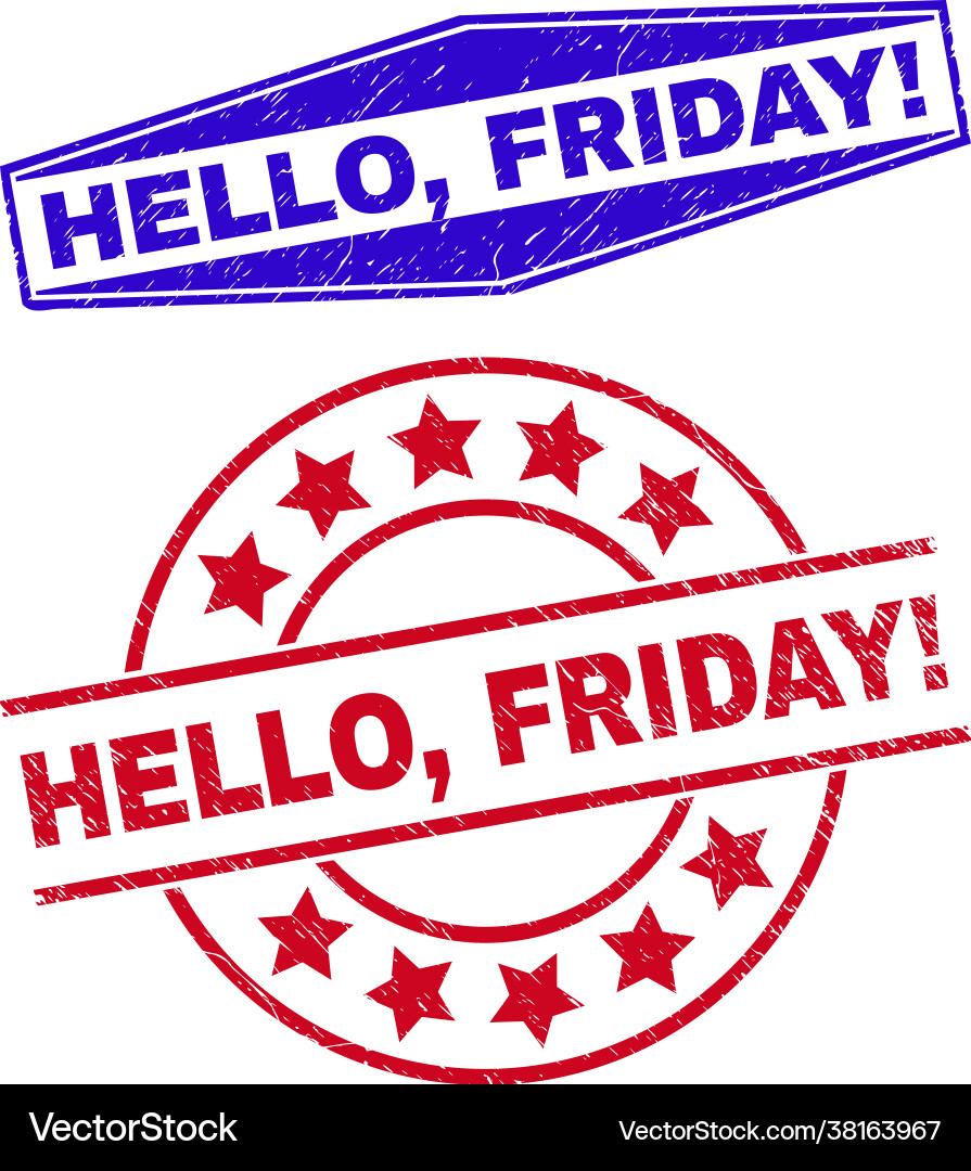 Hello friday exclaming grung badges in rund Hello friday exclaming grung badges in rund vektorbild