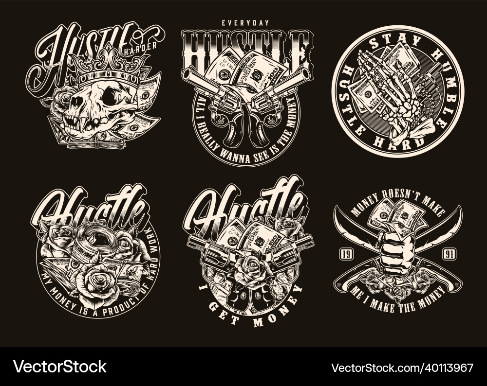 Money and hustle vintage emblems Money and hustle vintage emblems vector image