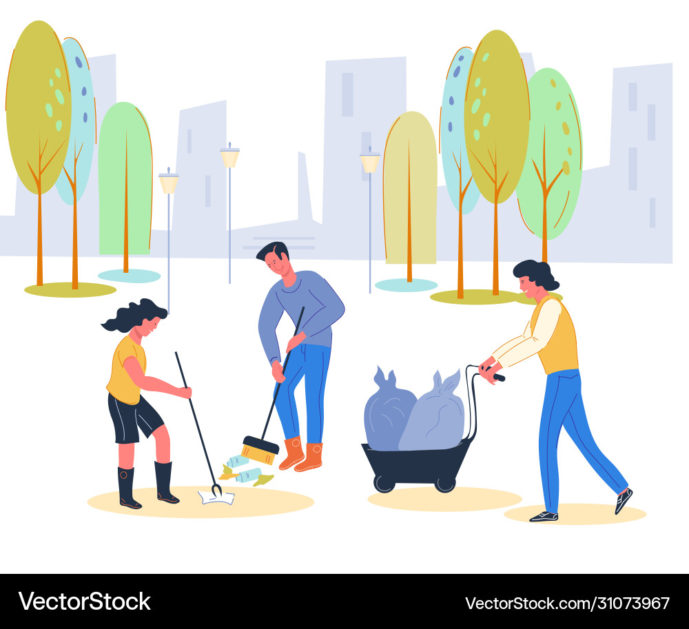 People cleaning city street from leaves People cleaning city street from leaves vector image