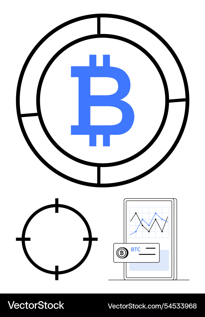 Bitcoin symbol inside target circles and on mobile Bitcoin symbol inside target circles and on mobile vector image