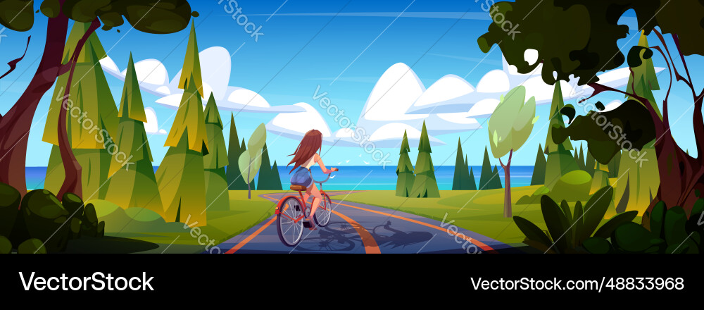 Frau auf dem Fahrrad in Waldstraße in der Nähe von Meer Natur Blick Frau auf dem Fahrrad in Waldstraße in der Nähe von Meer Natur Blick vektorbild