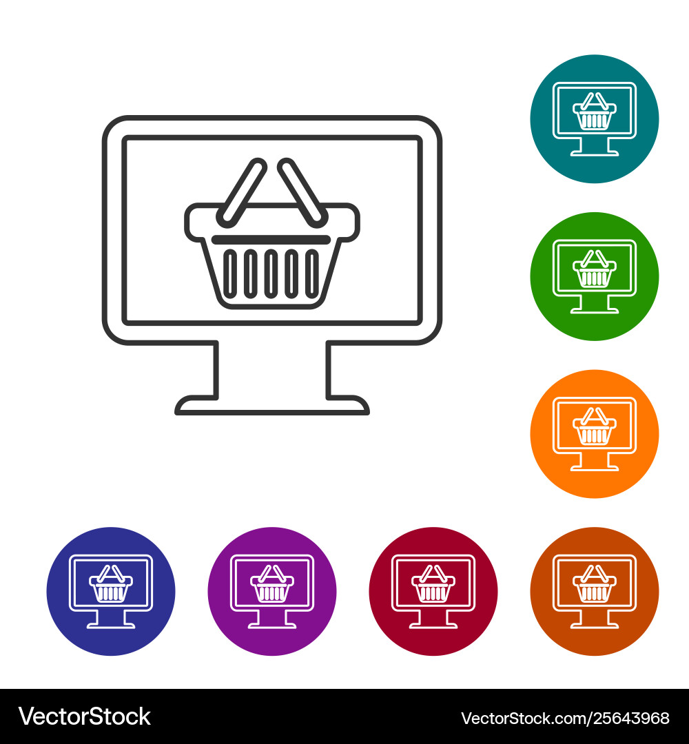 Grey computer monitor with shopping basket line Grey computer monitor with shopping basket line Vector Image