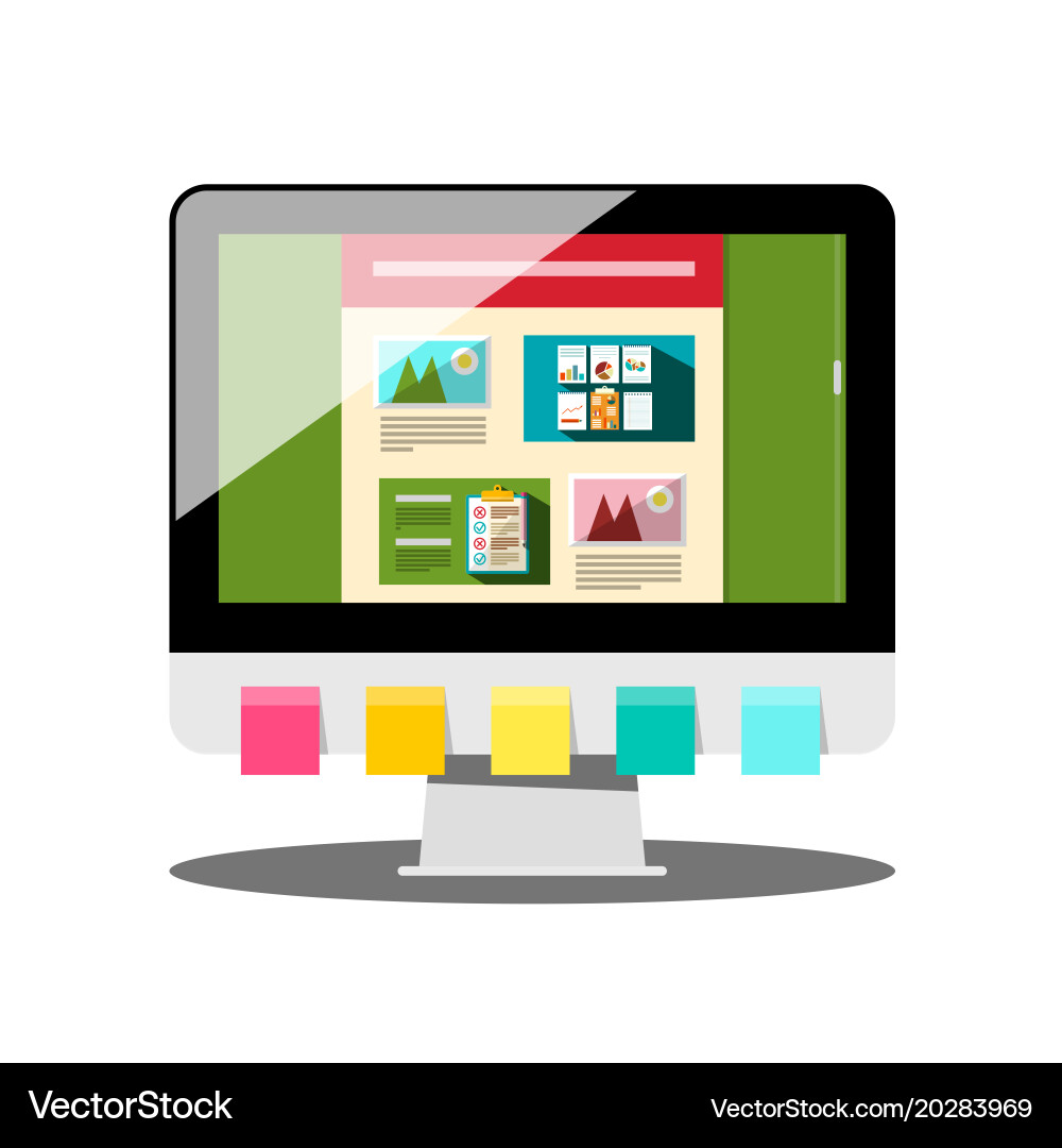 Computer with colorful papers and web design Vector Image