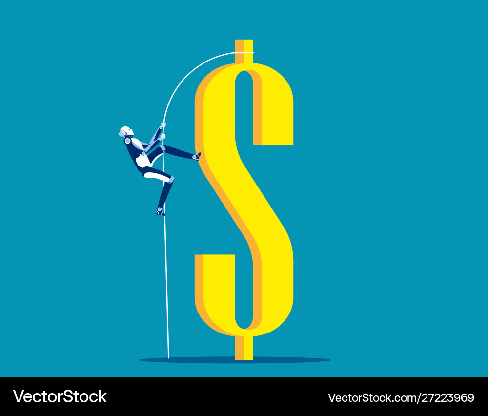 Robot climbing dollar concept business finance Robot climbing dollar concept business finance vector image