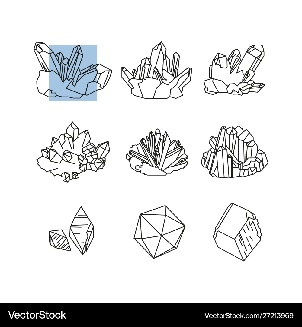 Set crystals and minerals simple linear Set crystals and minerals simple linear Vector Image