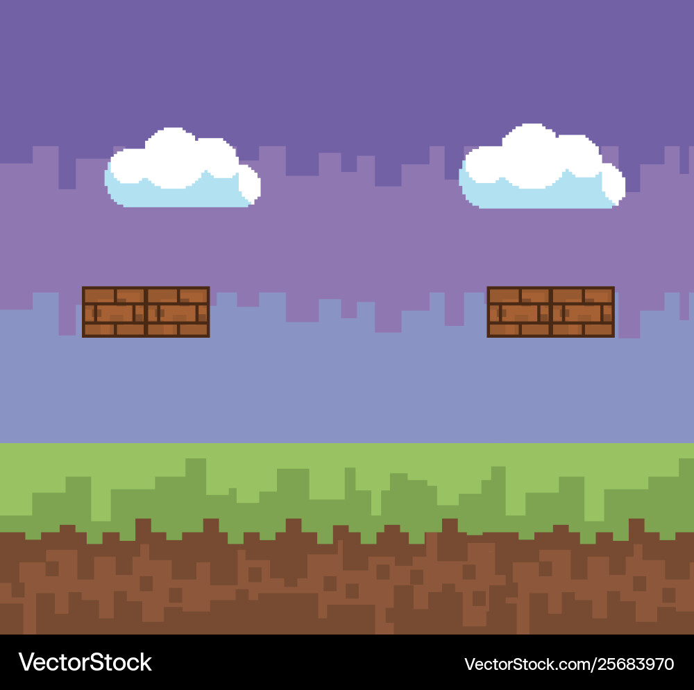 Arcade game world and pixel scene design Vector Image