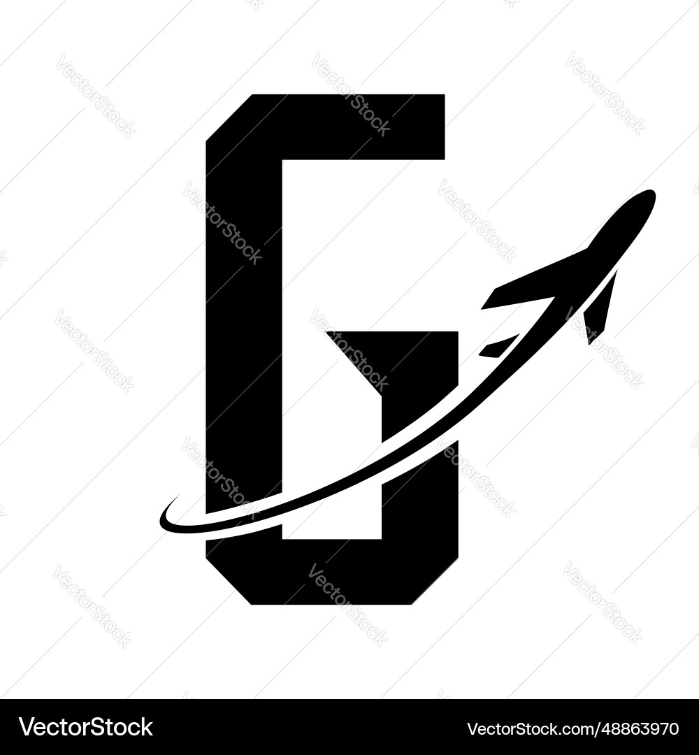 Black futuristic letter g icon with an airplane Black futuristic letter g icon with an airplane vector image