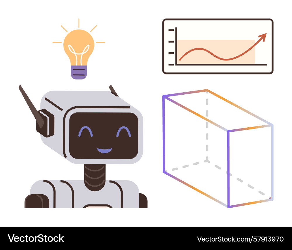 Cheerful robot with light bulb chart and 3d cube Cheerful robot with light bulb chart and 3d cube vector image