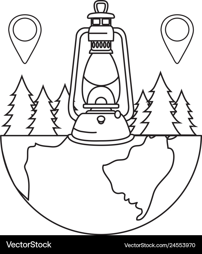 Pines trees forest scene with kerosene lantern Vector Image