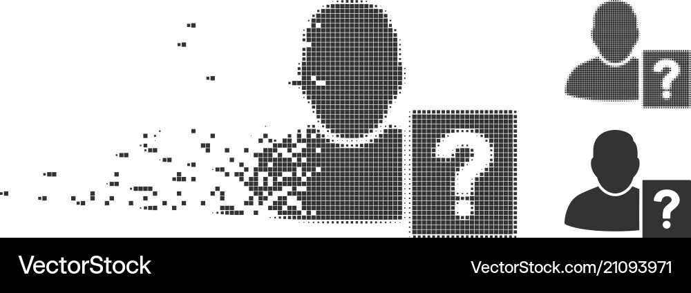 Fractured pixel halftone user status question icon Fractured pixel halftone user status question icon vector image