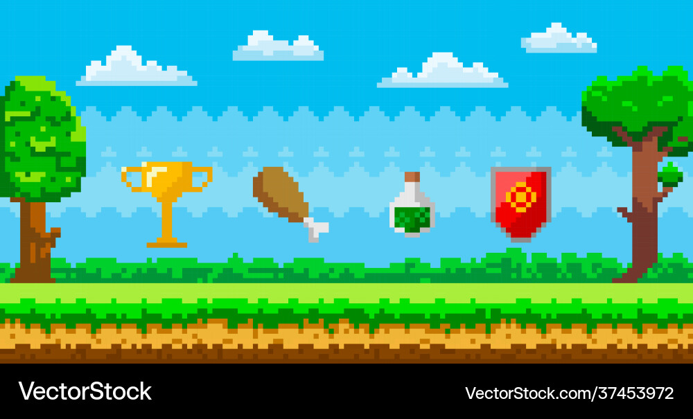 Pixel art game background with reward object Pixel art game background with reward object vector image