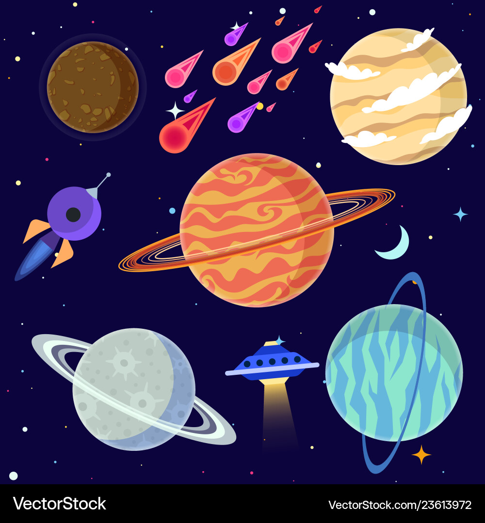 Set of cartoon planets and space elements Set of cartoon planets and space elements Vector Image