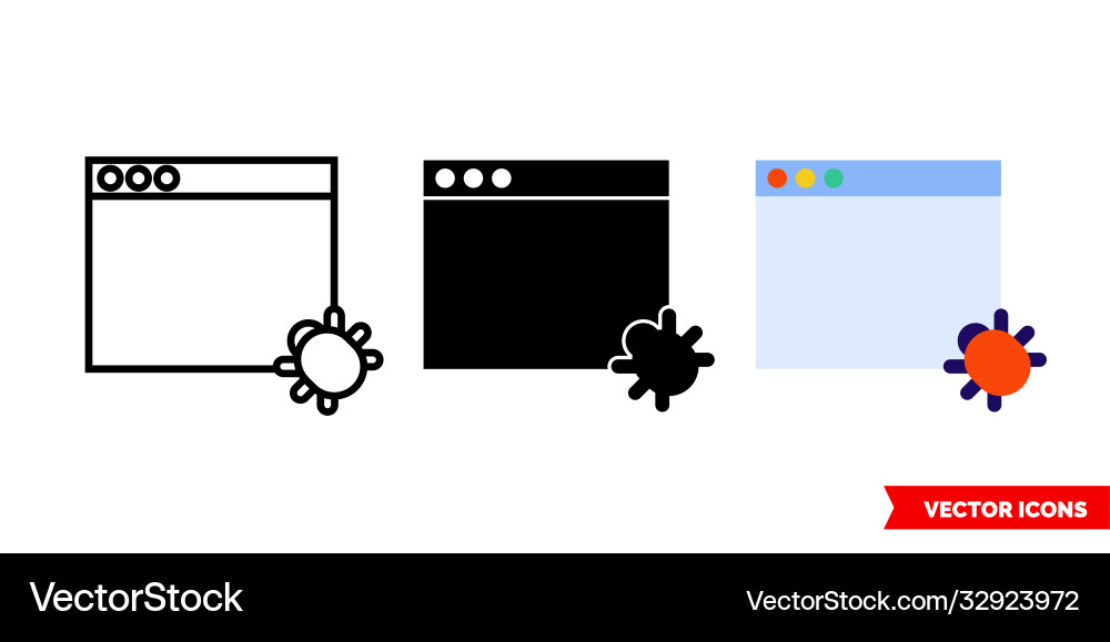 Window bug icon 3 types isolated sign Window bug icon 3 types isolated sign Vector Image