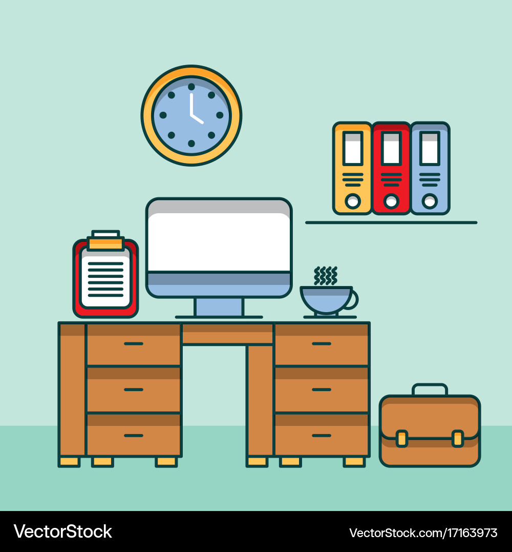 Office workspace desk computer checklist clock Vector Image