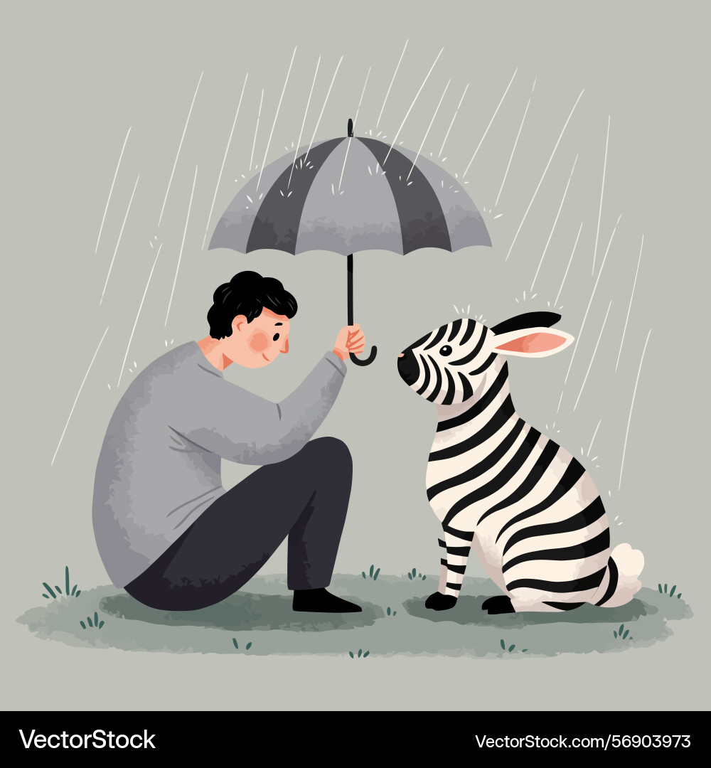 Protecting zebra rabbit from rain with umbrella Vector Image