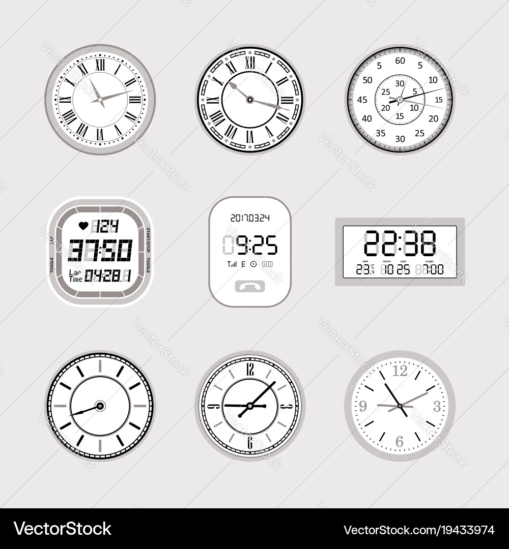 Clocks - set of modern isolated objects vector image