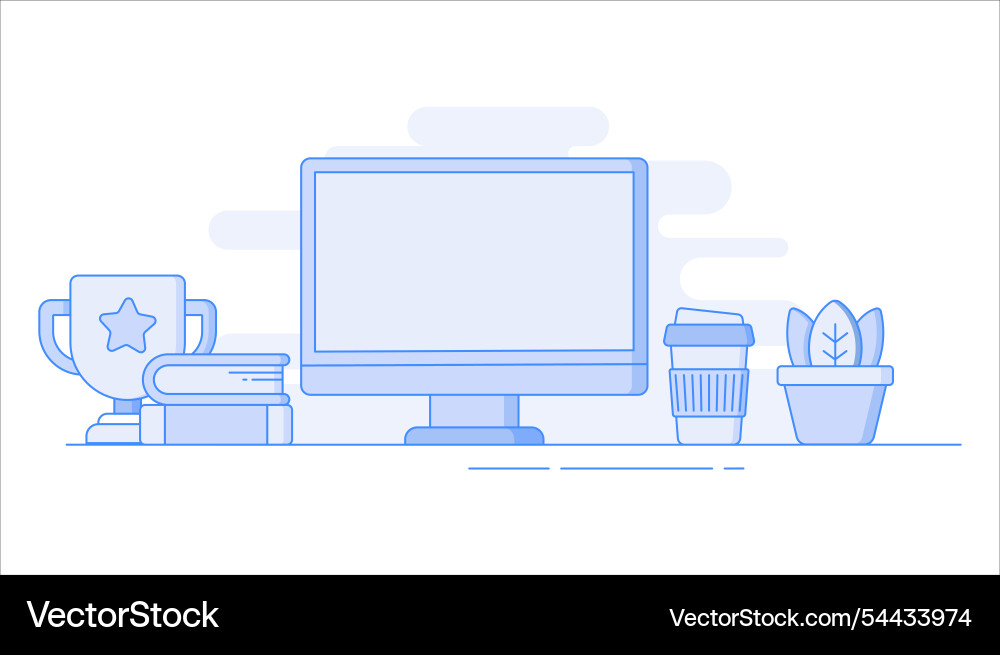 Computer with objects flat line Computer with objects flat line Vector Image