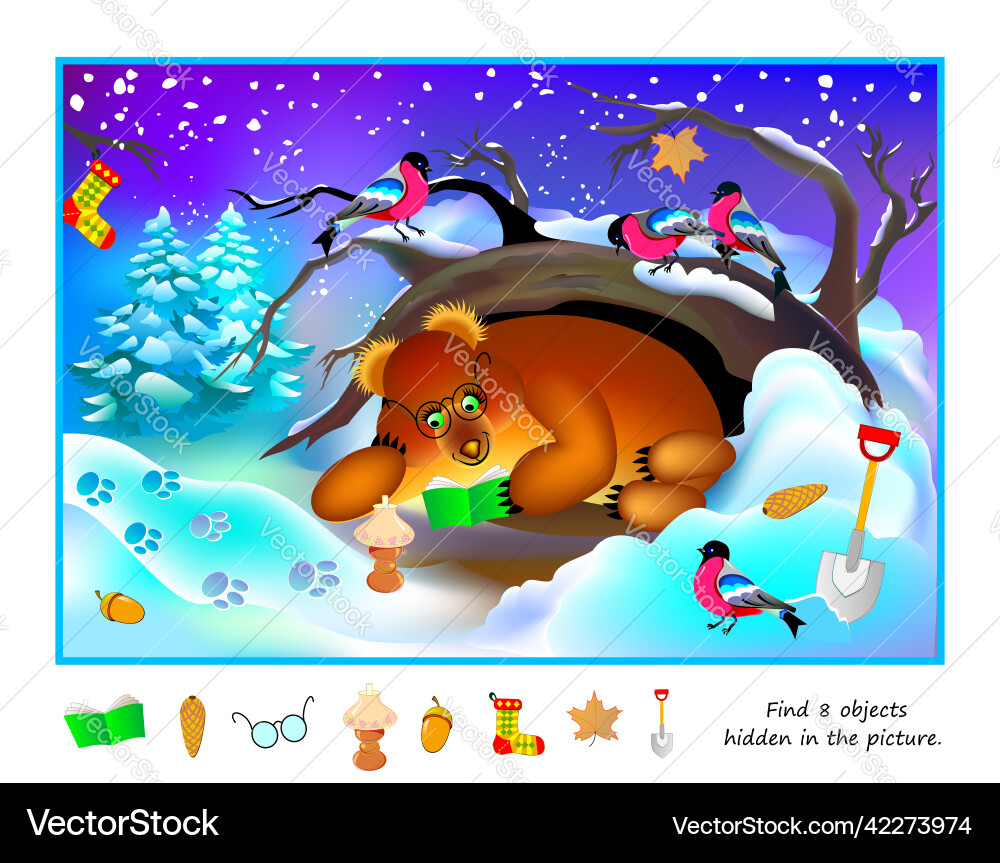Logic puzzle game for kids find 8 objects hidden Logic puzzle game for kids find 8 objects hidden vector image