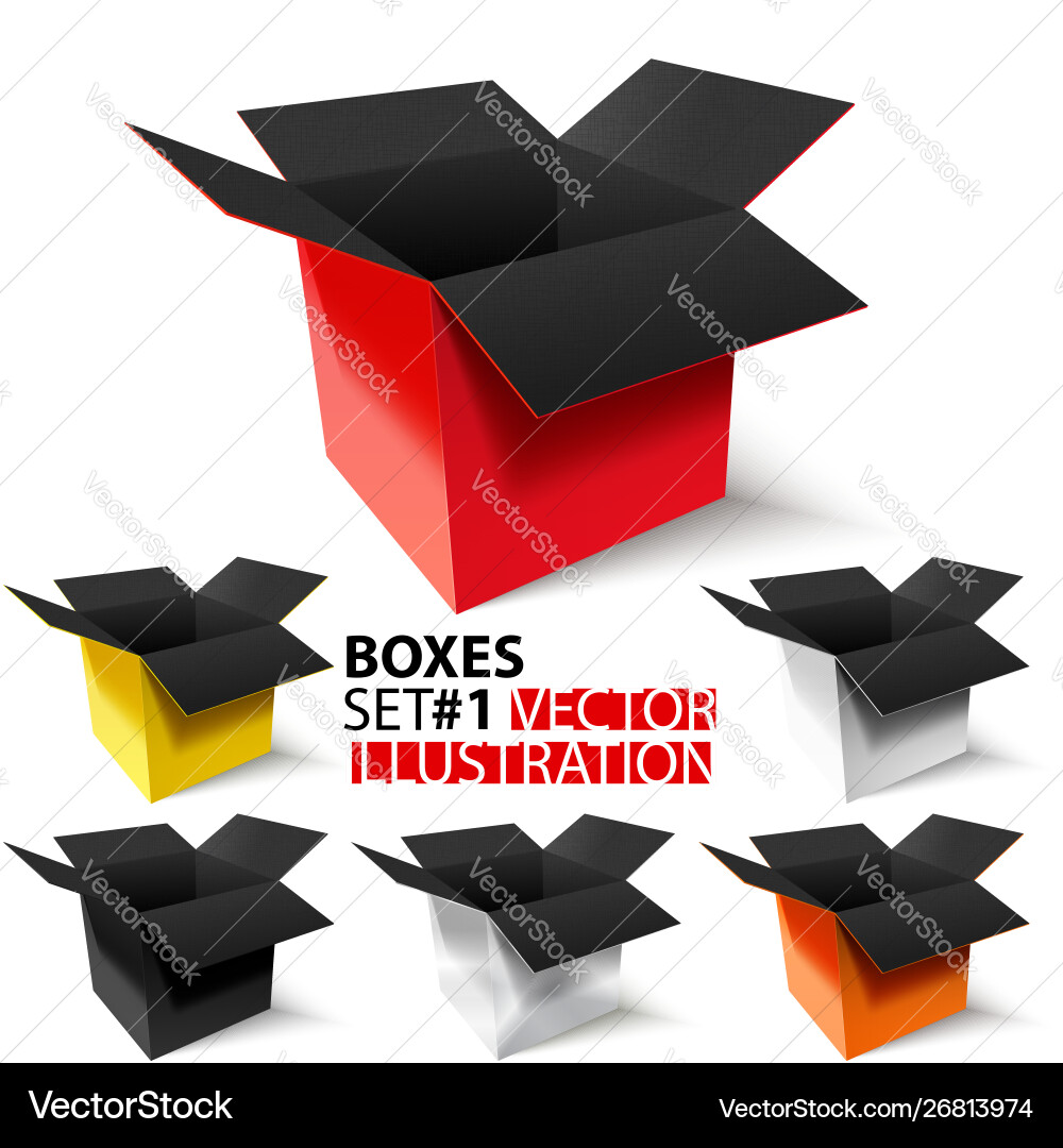Multicolored open boxes set 3 3d Multicolored open boxes set 3 3d vector image