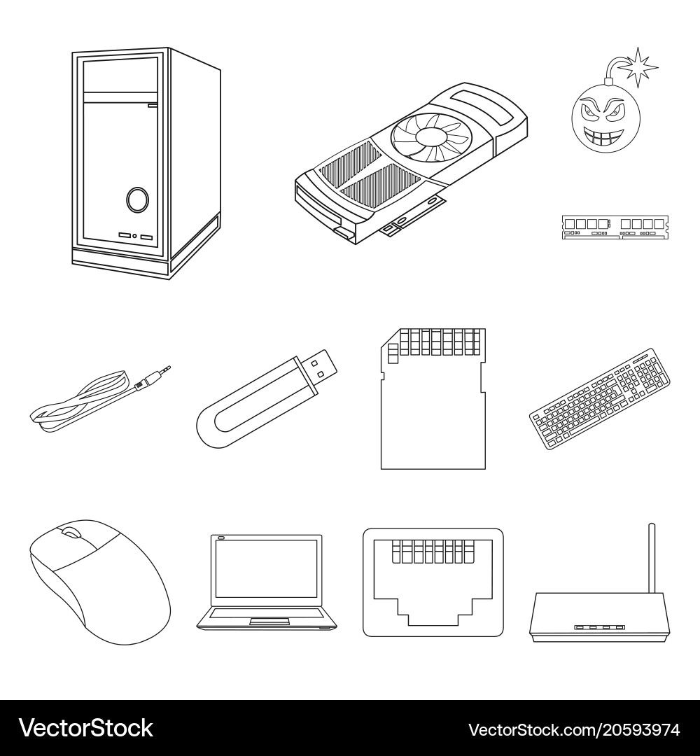 Personal computer outline icons in set collection Vector Image