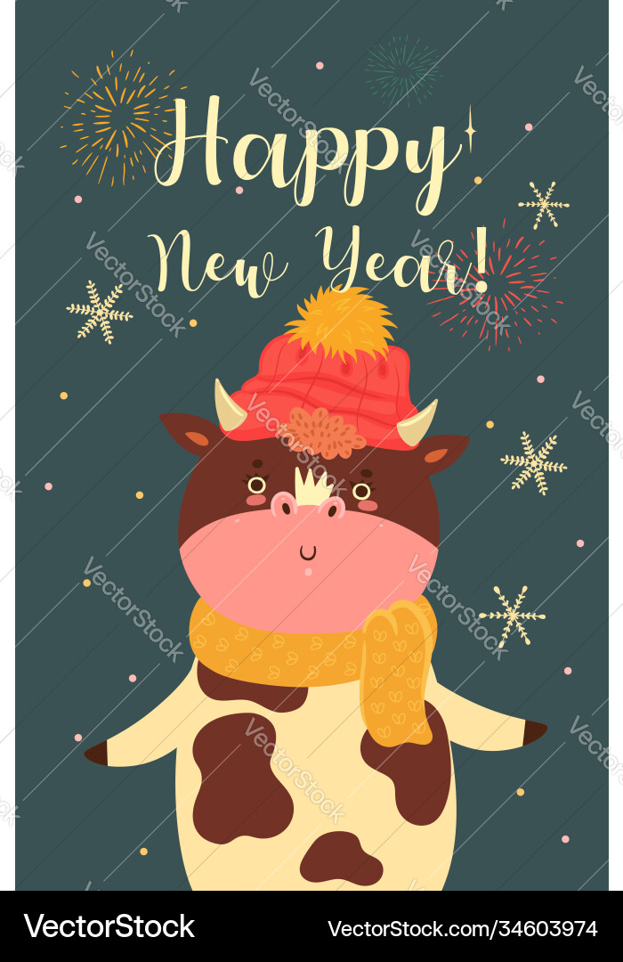 Postcard with cute new year s cow graphics Postcard with cute new year s cow graphics vector image