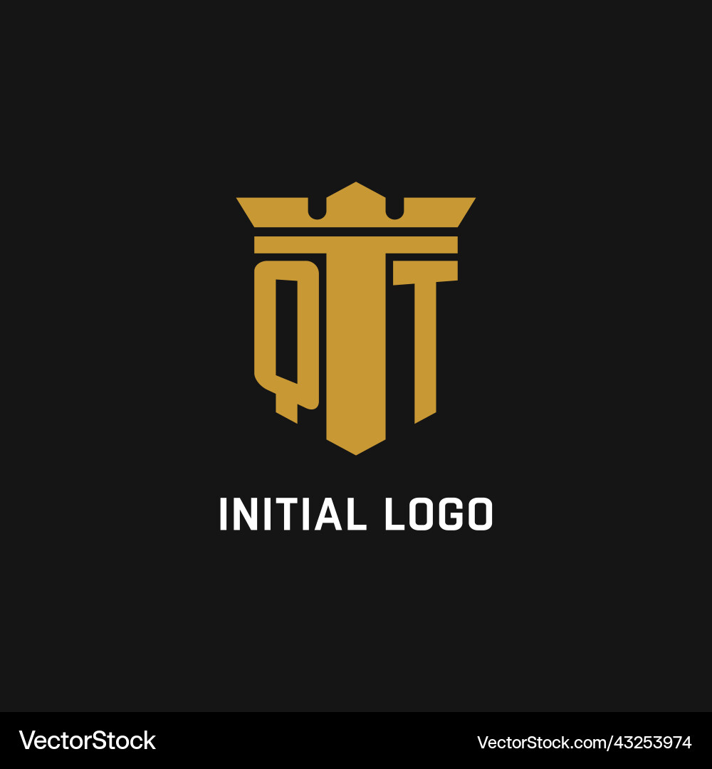 Qt initial logo with shield and crown style vector image