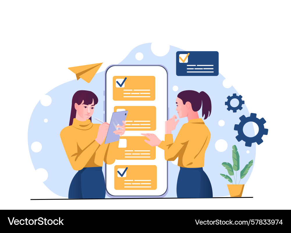 Teamwork on task checklist app concept Teamwork on task checklist app concept vector image
