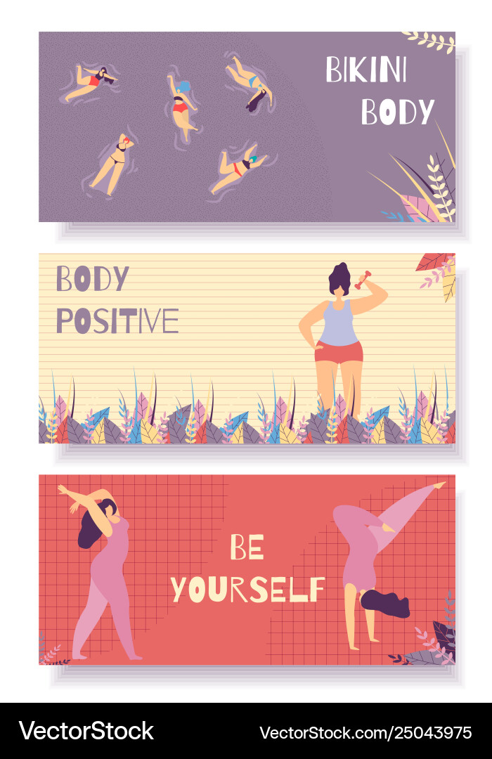 Bikini Körper positive flache Banner Set floral Design Bikini Körper positive flache Banner Set floral Design vektorbild