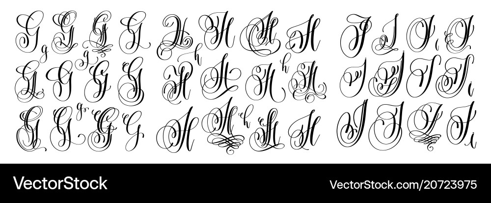 Calligraphic Letters: G, H, I Script Font Set vector image