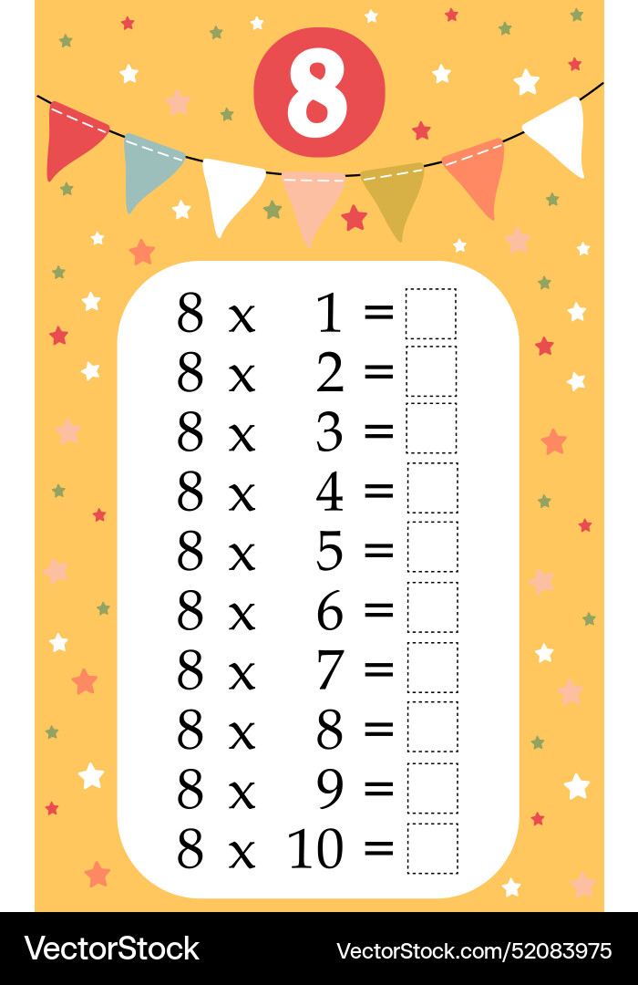 Multiplication table by 8 with a task to consolida Vector Image