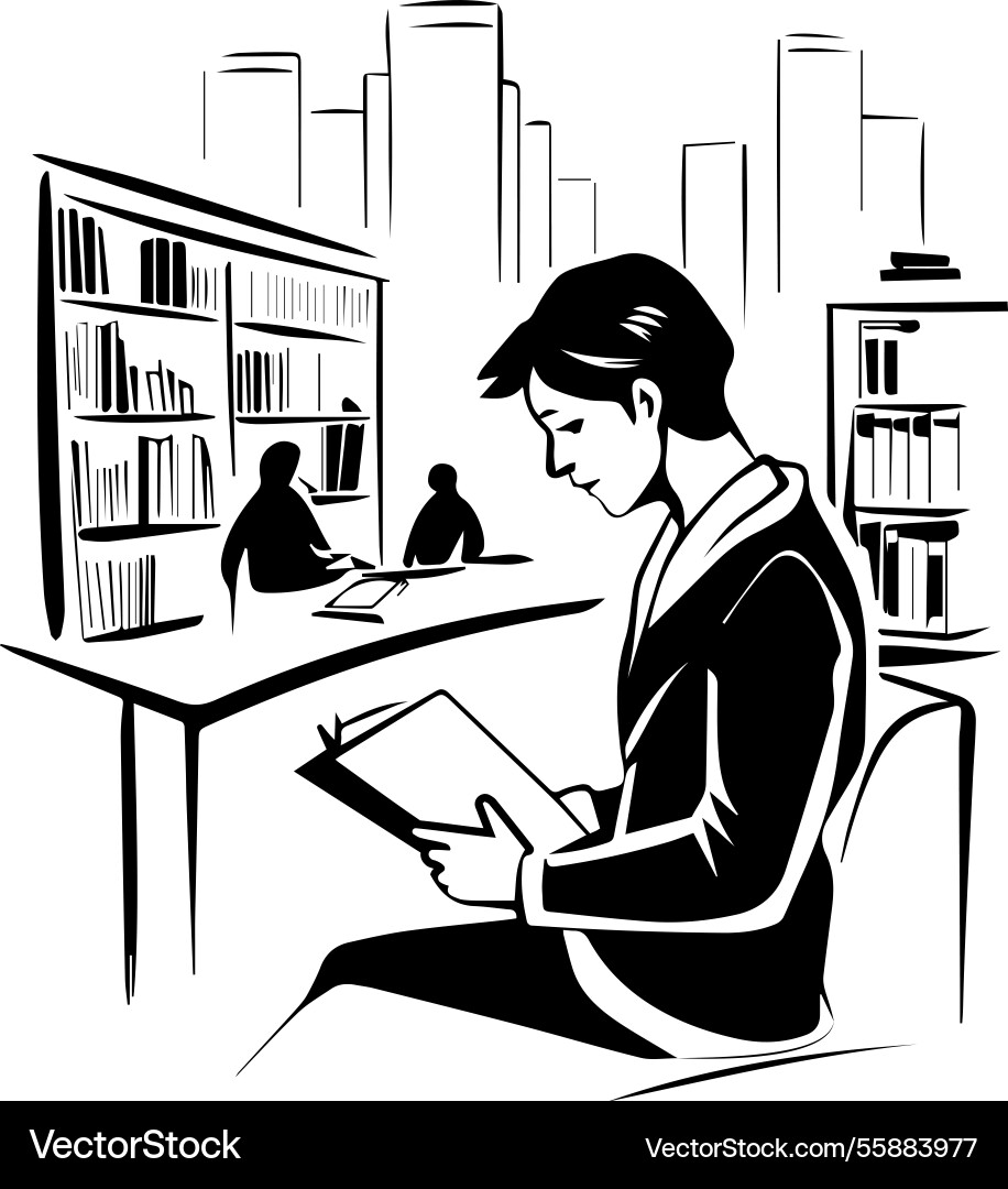 Man reading in library hand drawn Vector Image