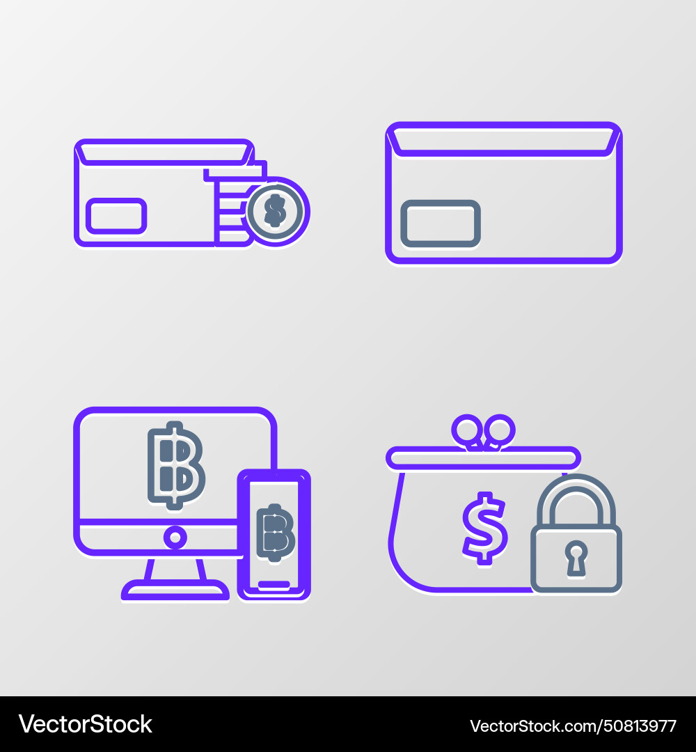 Set line closed wallet with lock computer monitor Set line closed wallet with lock computer monitor vector image