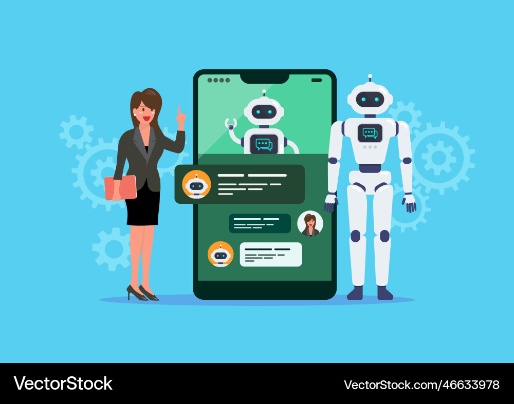 Businesswoman spricht oder Chat mit Chat-Bot Businesswoman spricht oder Chat mit Chat-Bot vektorbild