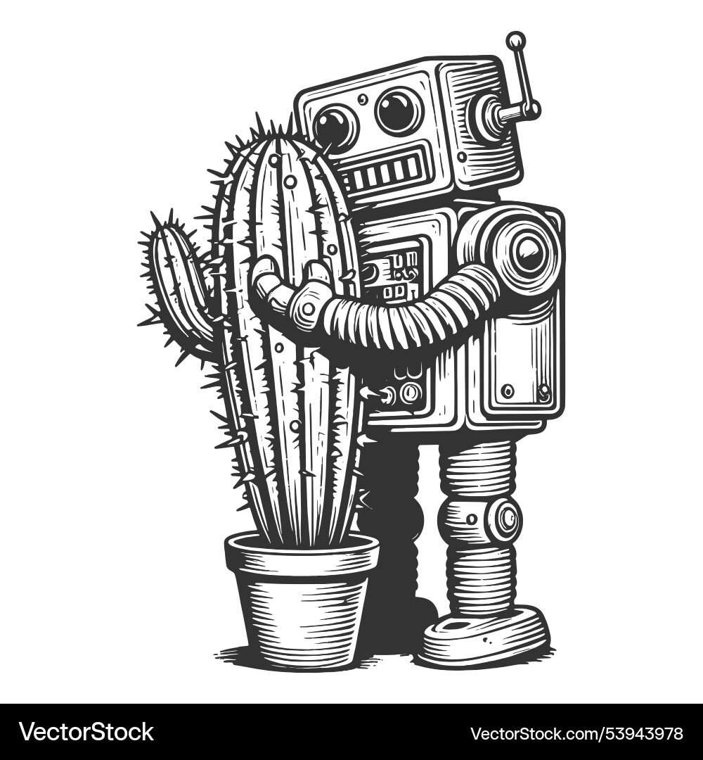 Retro robot hugging a cactus Retro robot hugging a cactus Vector Image