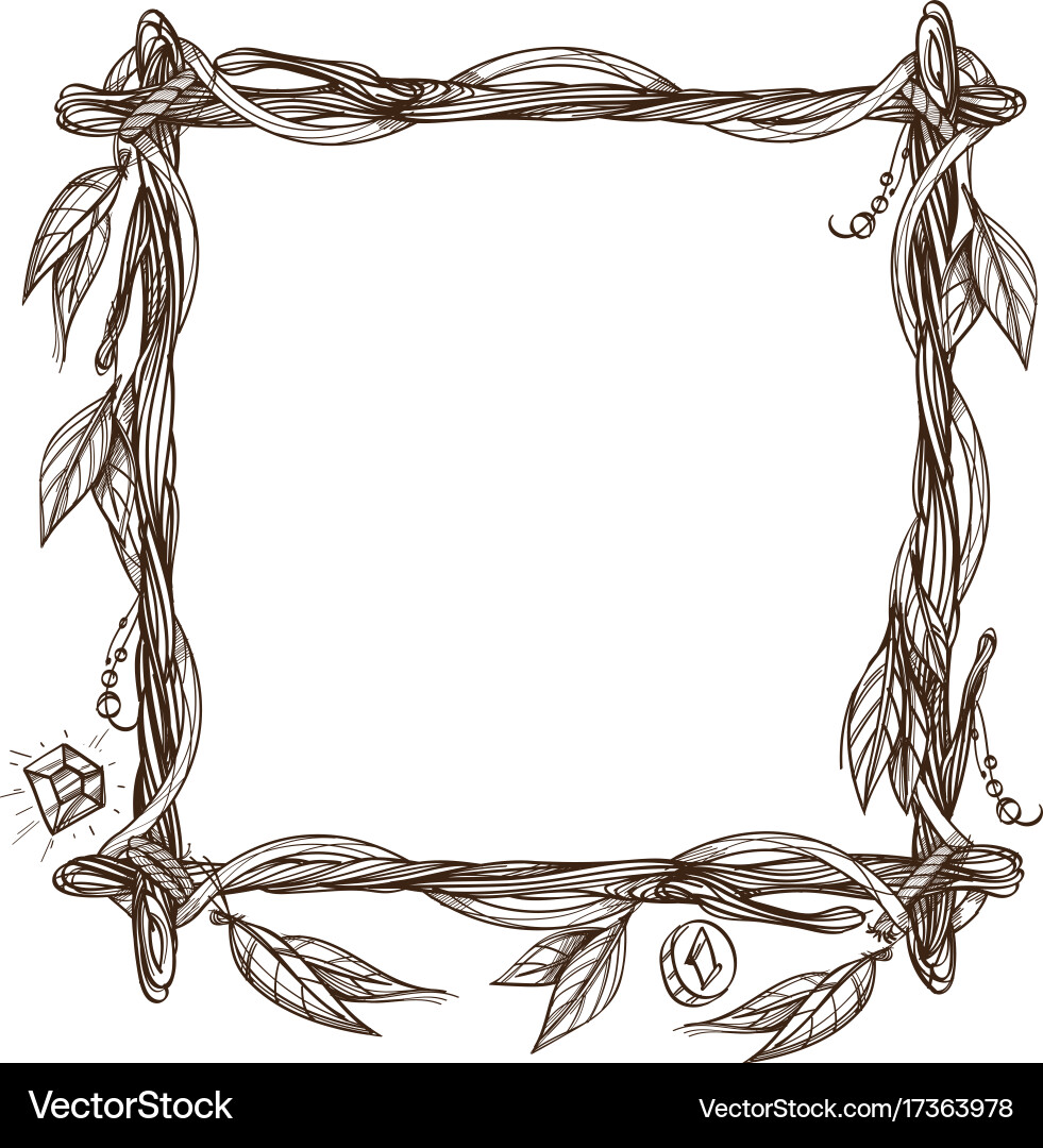 Square frame made of branches with feathers vector image