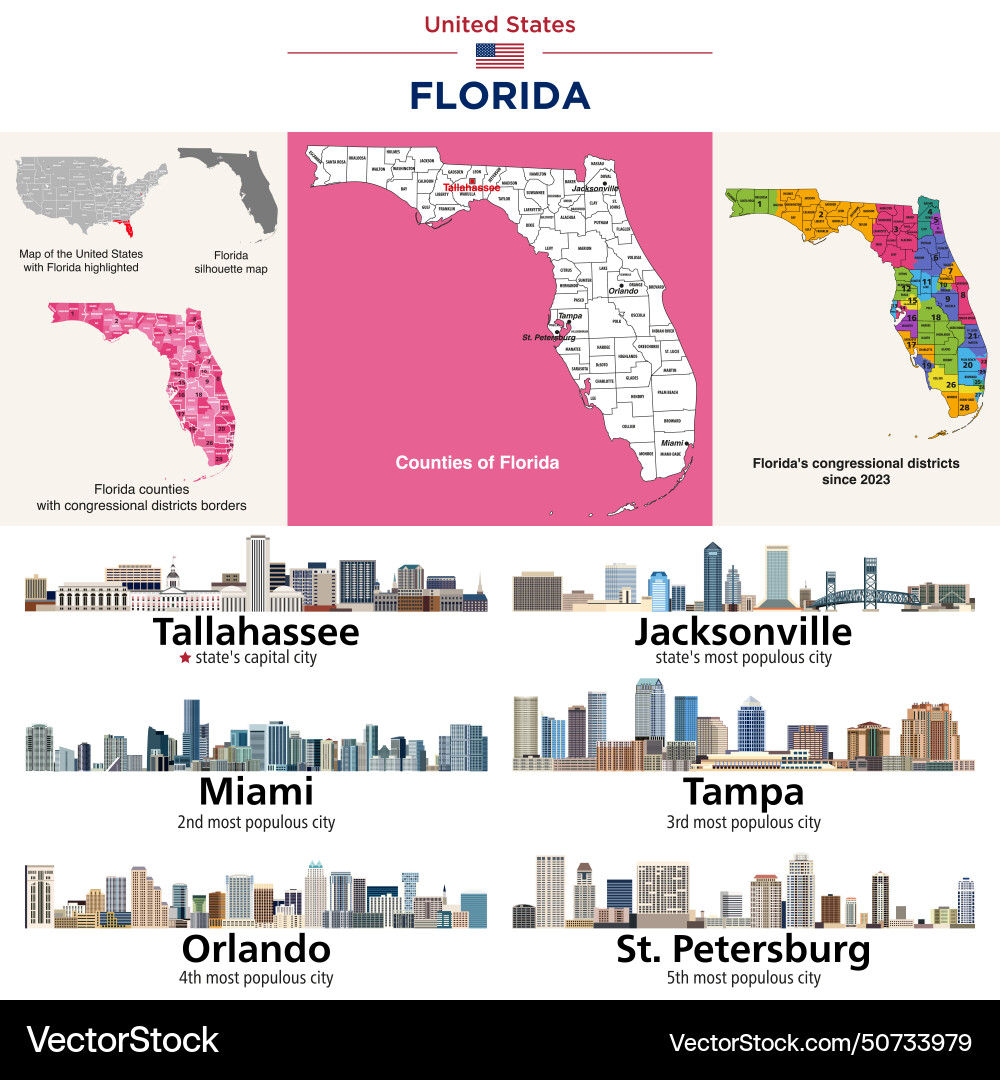 Florida Bezirke Karte und Kongressbezirke Florida Bezirke Karte und Kongressbezirke vektorbild