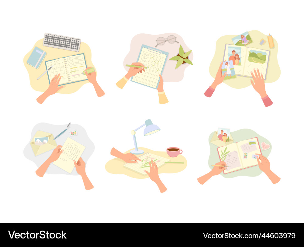 Hands writing in notepad and clipboard on paper Hands writing in notepad and clipboard on paper vector image