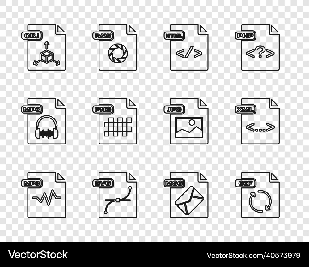 Set line mp3 file document gif html svg obj Set line mp3 file document gif html svg obj Vector Image