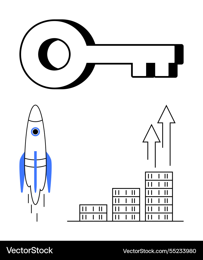 Key with rocket bar graph and upward arrows Vector Image