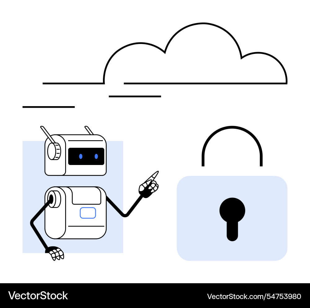 Robot pointing to cloud and padlock symbolizing Robot pointing to cloud and padlock symbolizing vector image