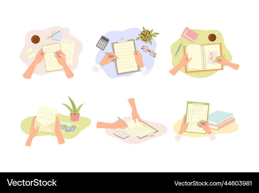 Hands writing in notepad and clipboard on paper Hands writing in notepad and clipboard on paper vector image