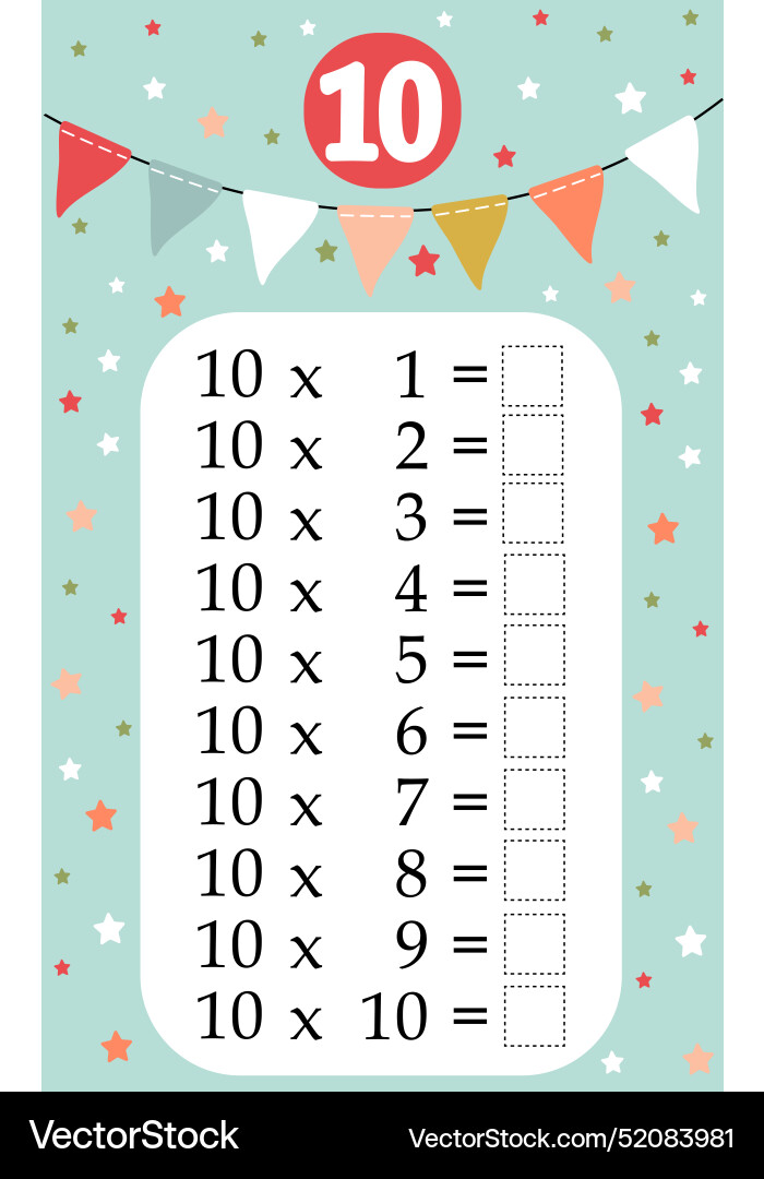 Multiplication table by 10 with a task to consolid Vector Image
