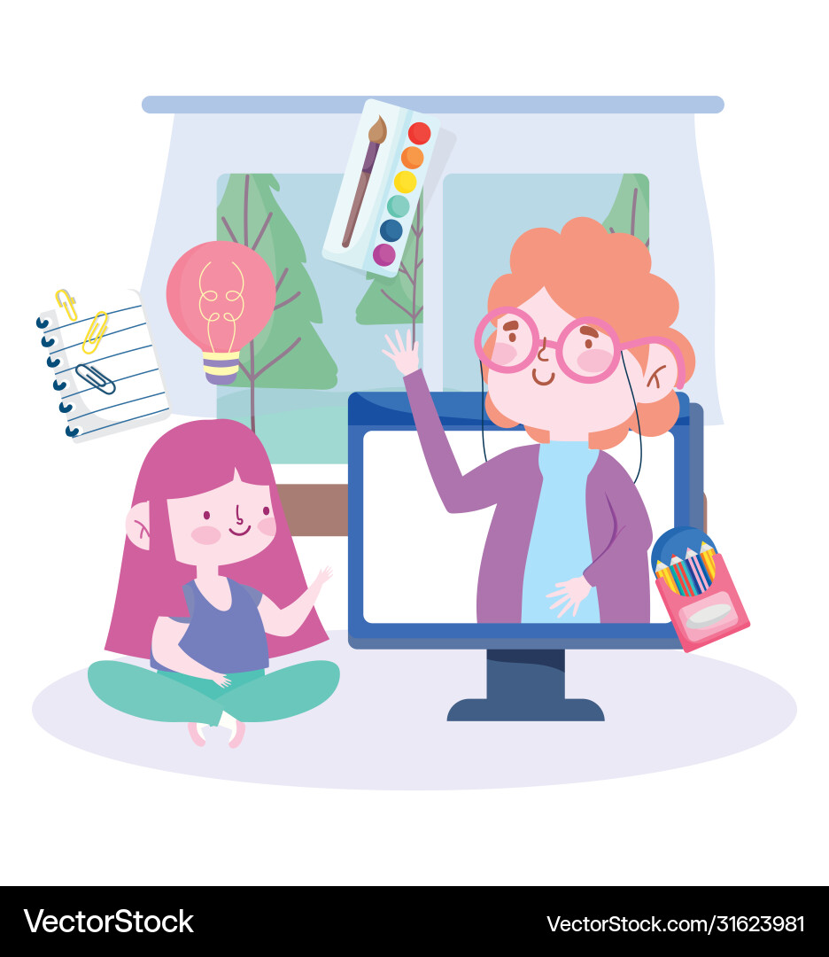 Online-Ausbildung Lehrer und Schüler Mädchen Online-Ausbildung Lehrer und Schüler Mädchen Vektorbild