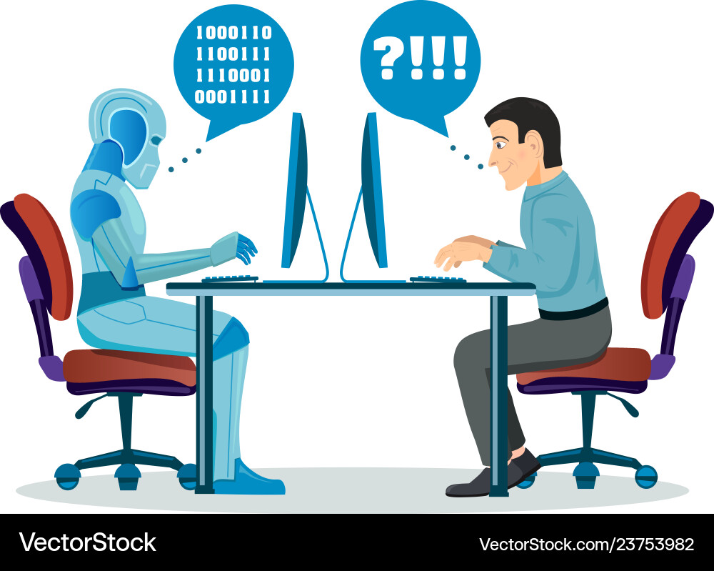 Robot vs human robotic machine and man working vector image