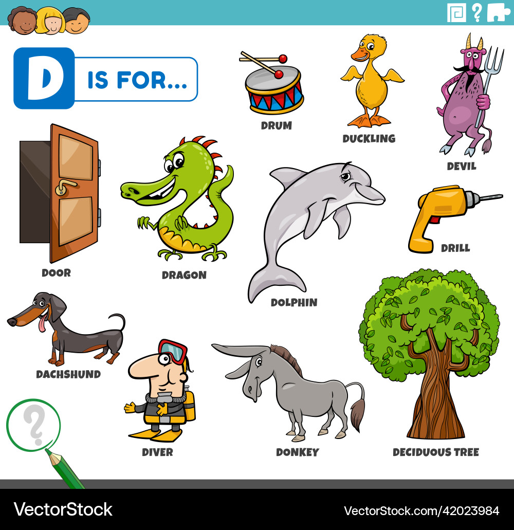Letter d words educational set with cartoon Letter d words educational set with cartoon vector image